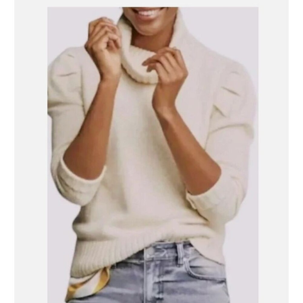 Cabi Cream Cowl Neck Sweater Medium Pintuck Sleeve Cotton Blend Knit Cottagecore